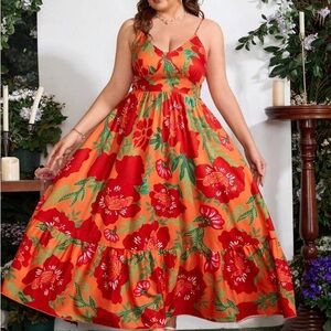 SHEIN Floral Red and Orange Sleeveless Maxi Dress